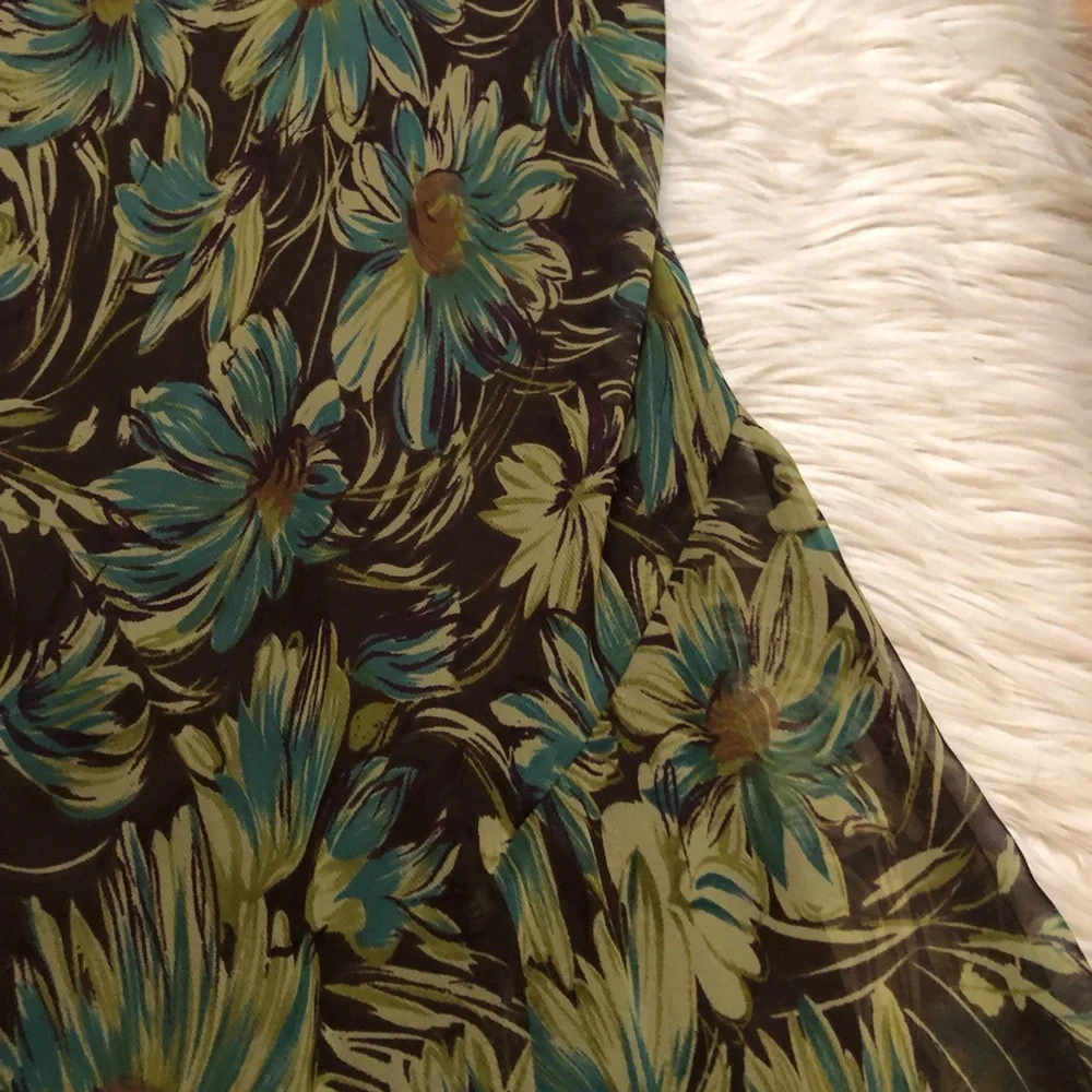 Meghan Matthews Daisy Floral Asymmetrical Sleeveless Green Brown Midi Dress 8 - Picture 5 of 10